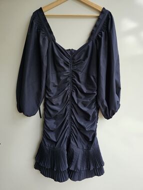 Parker Mina Ruched Puff Sleeve Pleated Ruffle Mini Dress Midnight Blue 4 Flaw